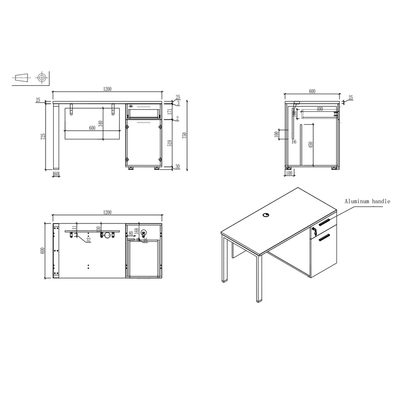 Бюро RFG Monaco, с контейнер, 1200 х 600 х 750 mm, ПДЧ 25 mm, метални крака, бяло