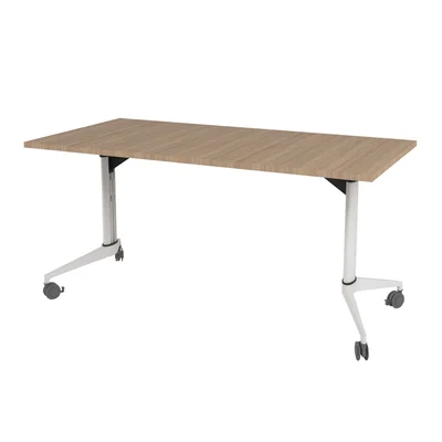 Конферентна маса RFG Flip, 140 x 80 x 74 cm, мобилна, сгъваема, правоъгълен плот, ПДЧ 25 mm, кехлибарен дъб, бели метални крака
