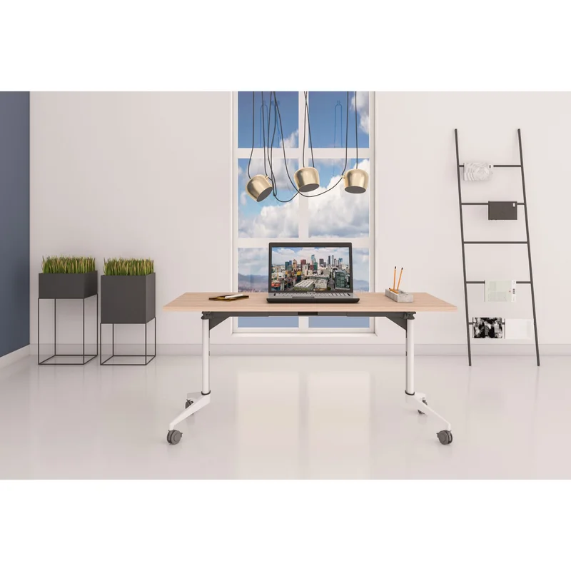 Конферентна маса RFG Flip, 140 x 80 x 74 cm, мобилна, сгъваема, правоъгълен плот, ПДЧ 25 mm, кехлибарен дъб, бели метални крака