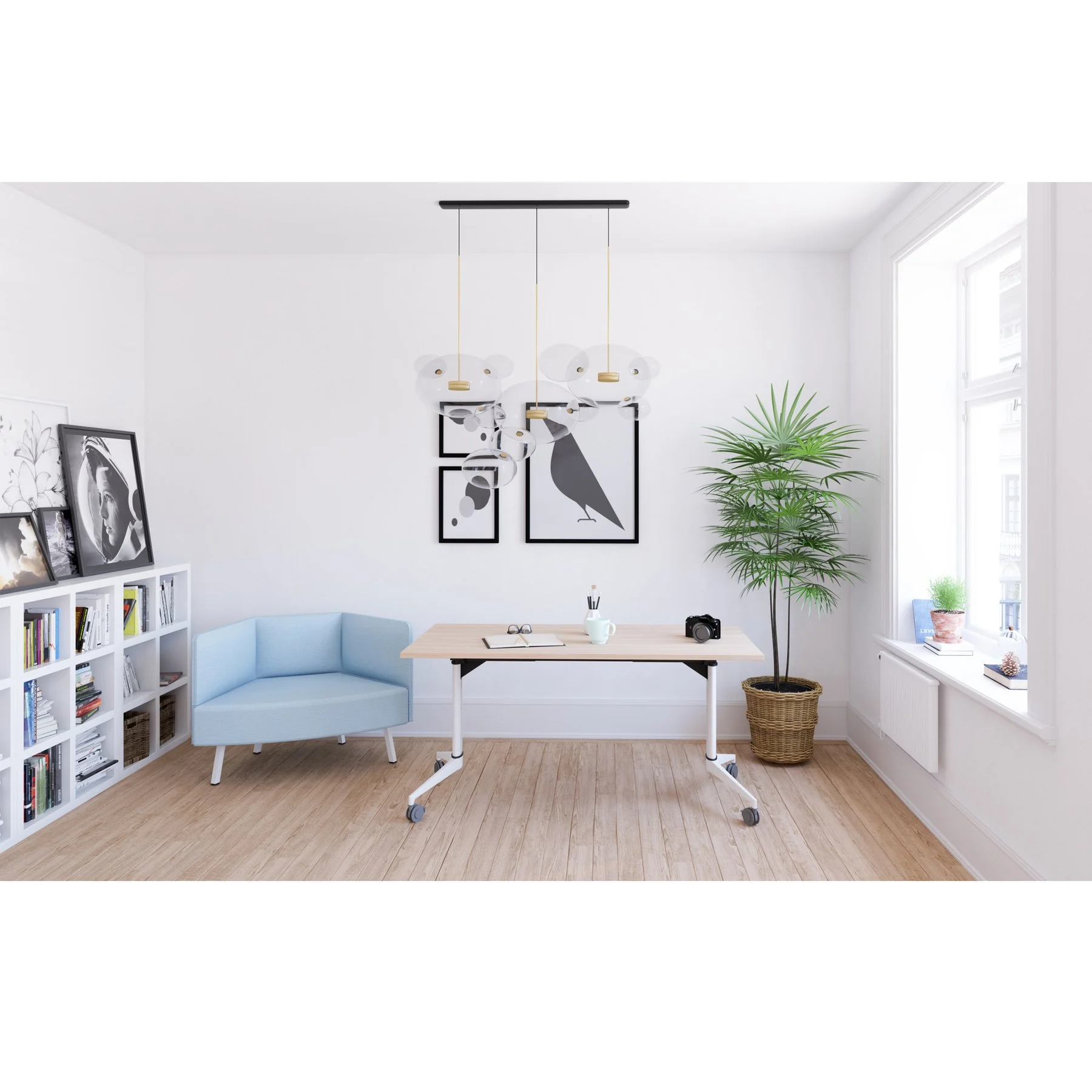 Конферентна маса RFG Flip, 140 x 80 x 74 cm, мобилна, сгъваема, правоъгълен плот, ПДЧ 25 mm, кехлибарен дъб, бели метални крака