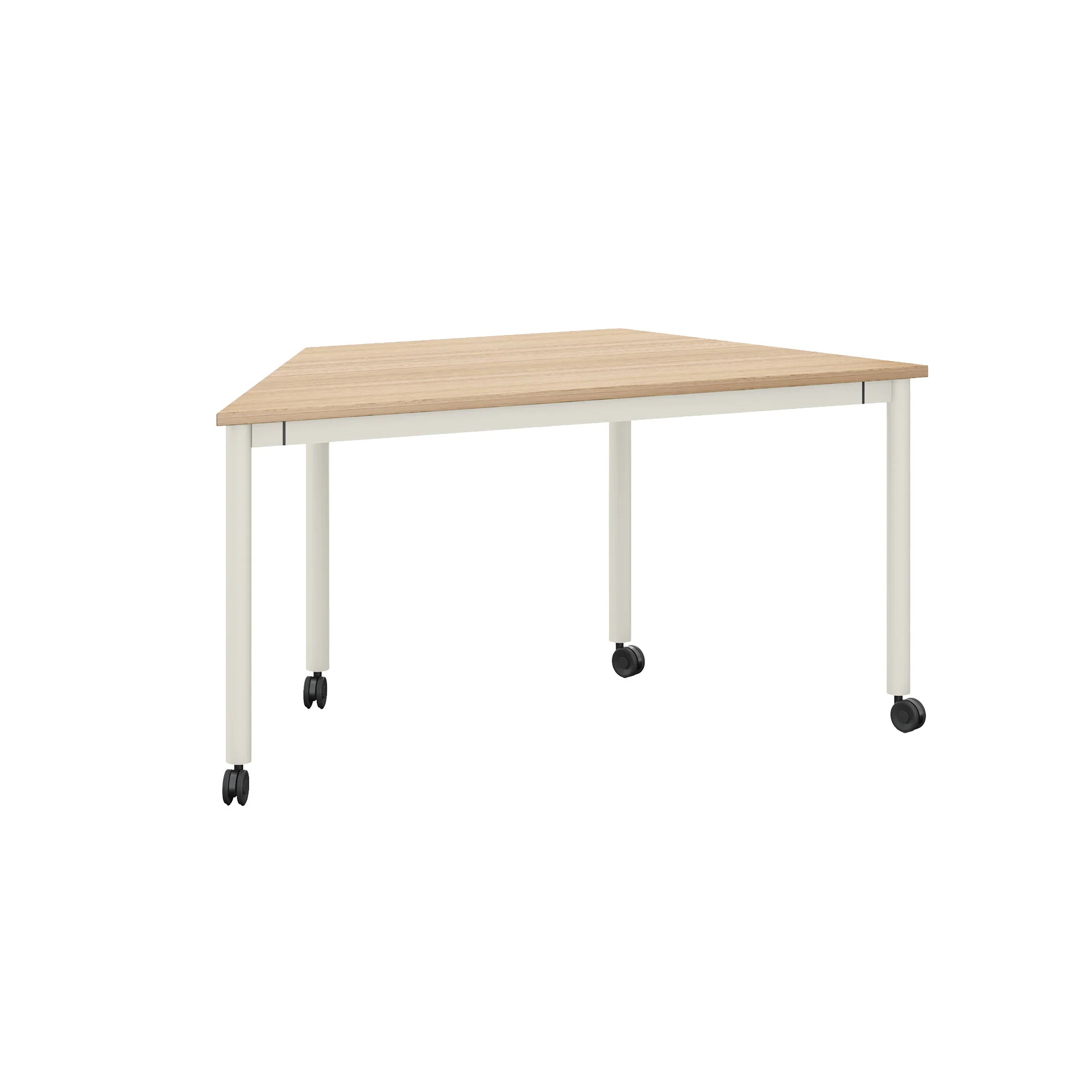 Маса Трапец RFG Uni, с колелца, 1530 x 695 x 750 mm, ПДЧ 25 mm, плот светъл дъб, бял метал