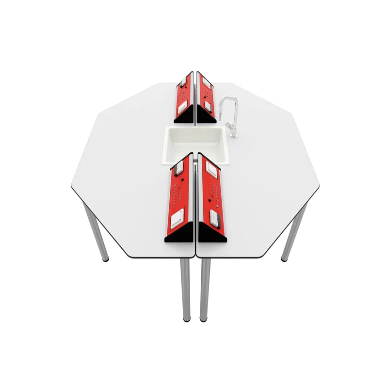 Ученическа маса RFG Hexa, лабораторна, над VII клас, 170 х 140 х 75 cm, HPL плот, метални крака, червено-бяла, сглобена мостра