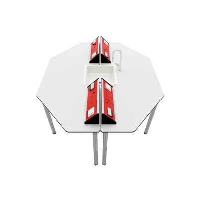 Ученическа маса RFG Hexa, лабораторна, над VII клас, 170 х 140 х 75 cm, HPL плот, метални крака, червено-бяла, сглобена мостра
