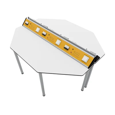 Лабораторна маса по физика RFG Hexa, над VII клас, 1700 х 1400 х 750 mm, HPL плот, жълто-бяла