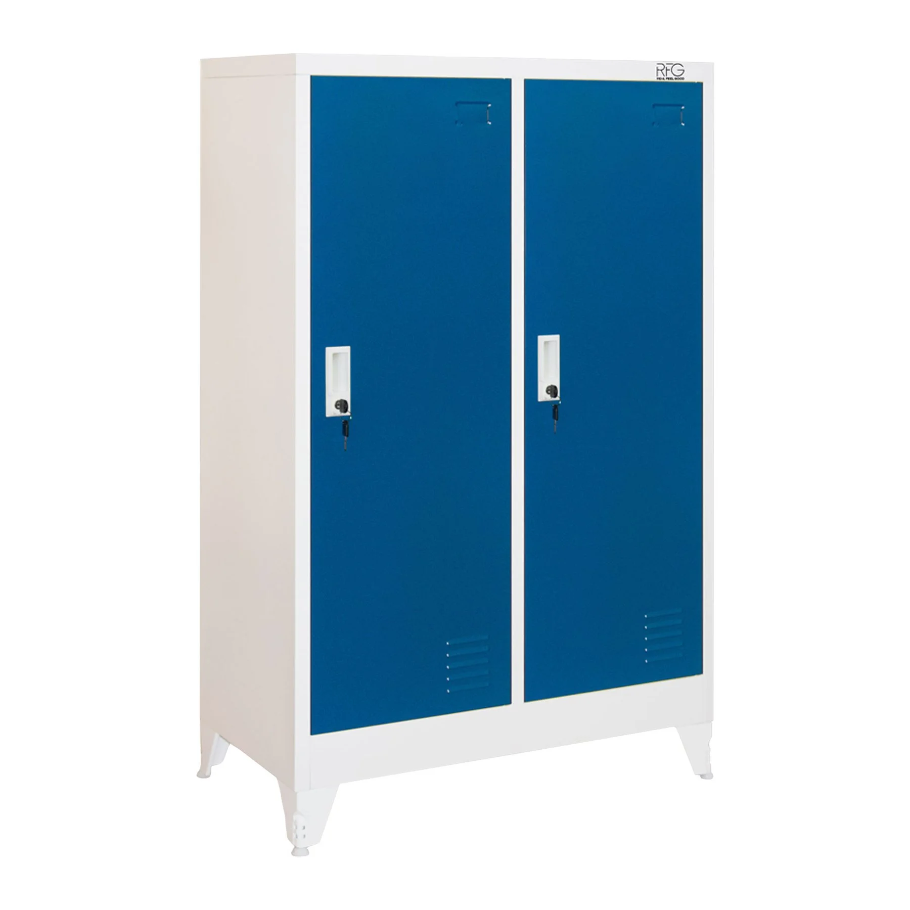 Гардероб RFG, метален, двоен, с две врати, 80 х 40 х 120 cm, бял, със сини врати