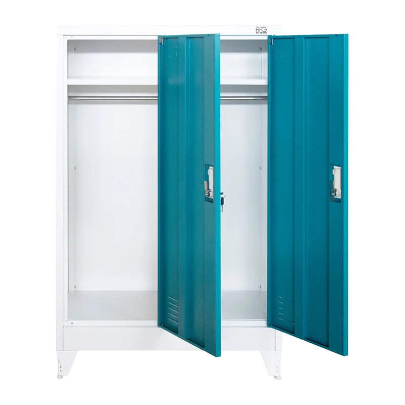 Гардероб RFG, метален, двоен, с две врати, 80 х 40 х 120 cm, бял, с тюркоазени врати