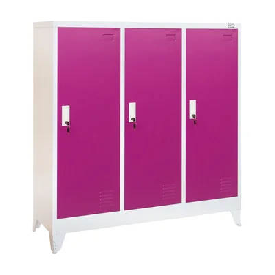Гардероб RFG, метален, троен, с три врати, 120 х 40 х 120 cm, бял, с лилави врати
