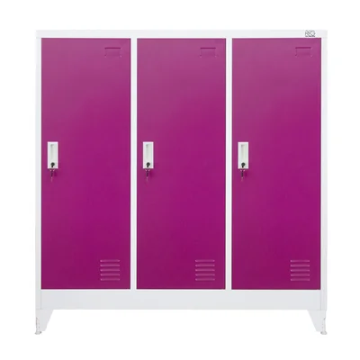 Гардероб RFG, метален, троен, с три врати, 120 х 40 х 120 cm, бял, с лилави врати