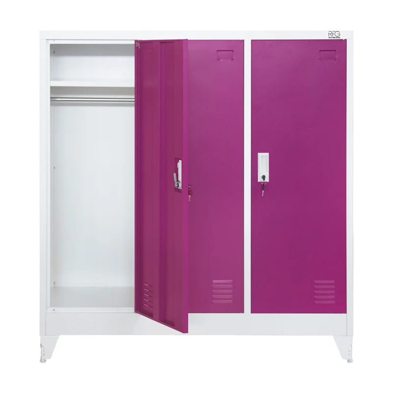 Гардероб RFG, метален, троен, с три врати, 120 х 40 х 120 cm, бял, с лилави врати
