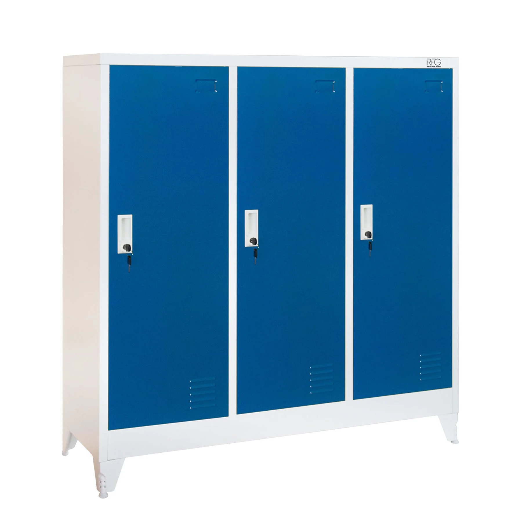 Гардероб RFG, метален, троен, с три врати, 120 х 40 х 120 cm, бял, със сини врати