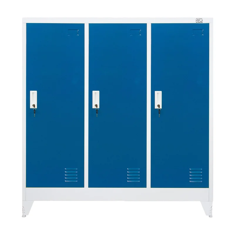 Гардероб RFG, метален, троен, с три врати, 120 х 40 х 120 cm, бял, със сини врати