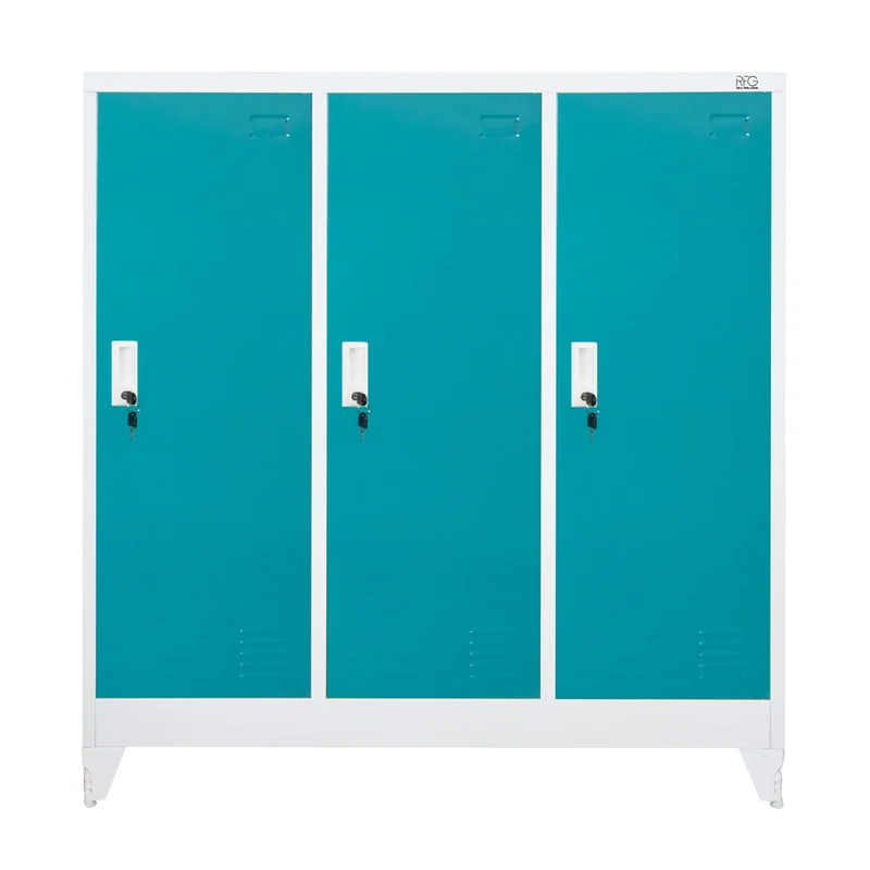 Гардероб RFG, метален, троен, с три врати, 120 х 40 х 120 cm, бял, с тюркоазени врати