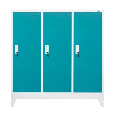 Гардероб RFG, метален, троен, с три врати, 120 х 40 х 120 cm, бял, с тюркоазени врати