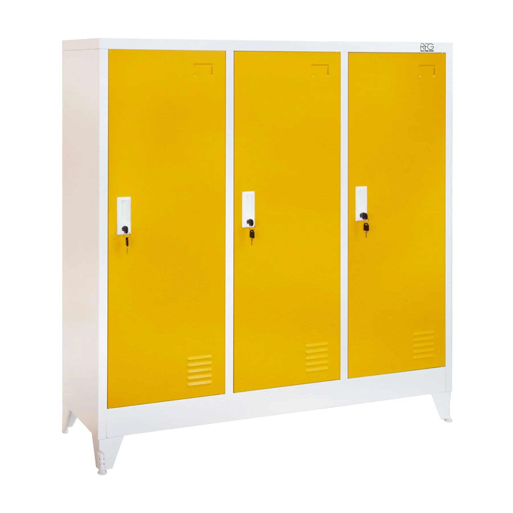 Гардероб RFG, метален, троен, с три врати, 120 х 40 х 120 cm, бял, с жълти врати