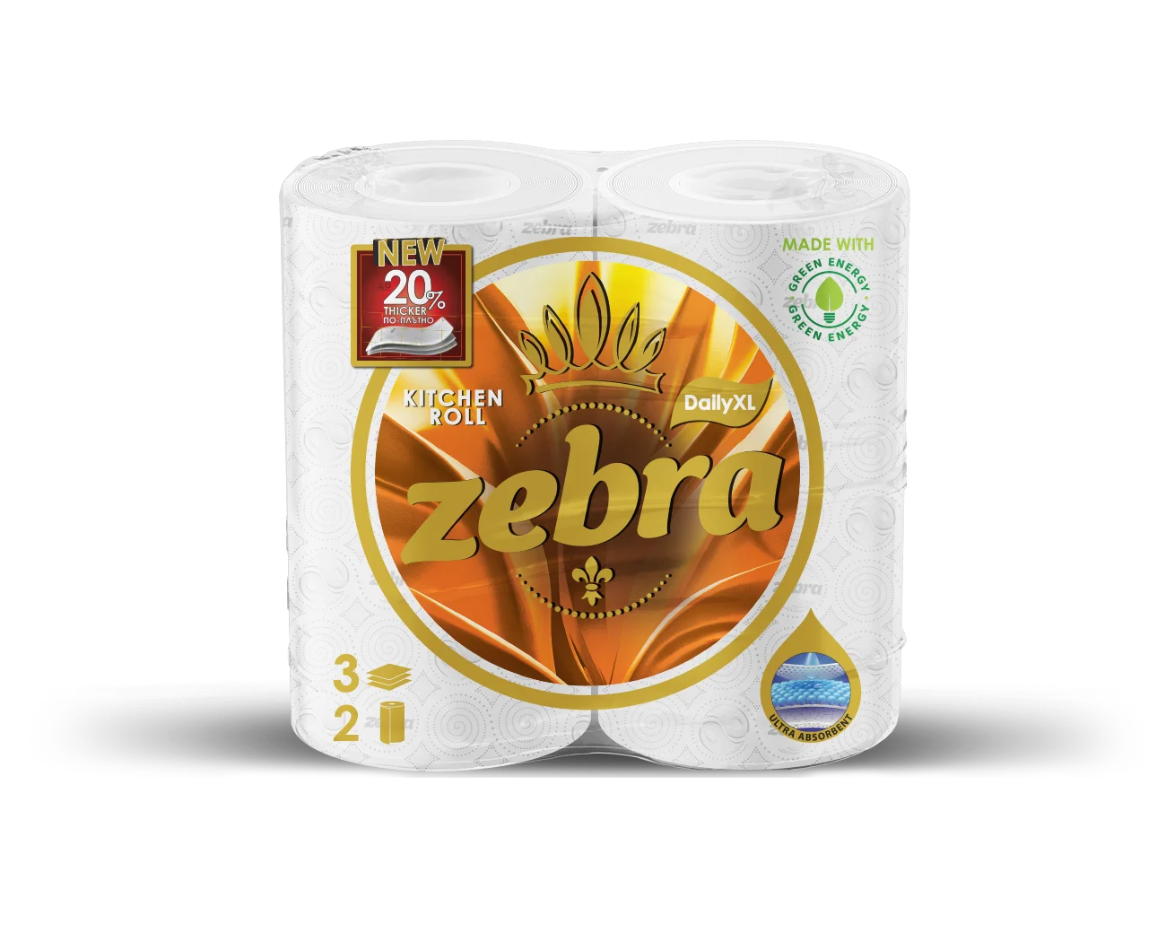 Кухненска ролка Zebra Daily XL, трипластова, 100% целулозна, 2 броя