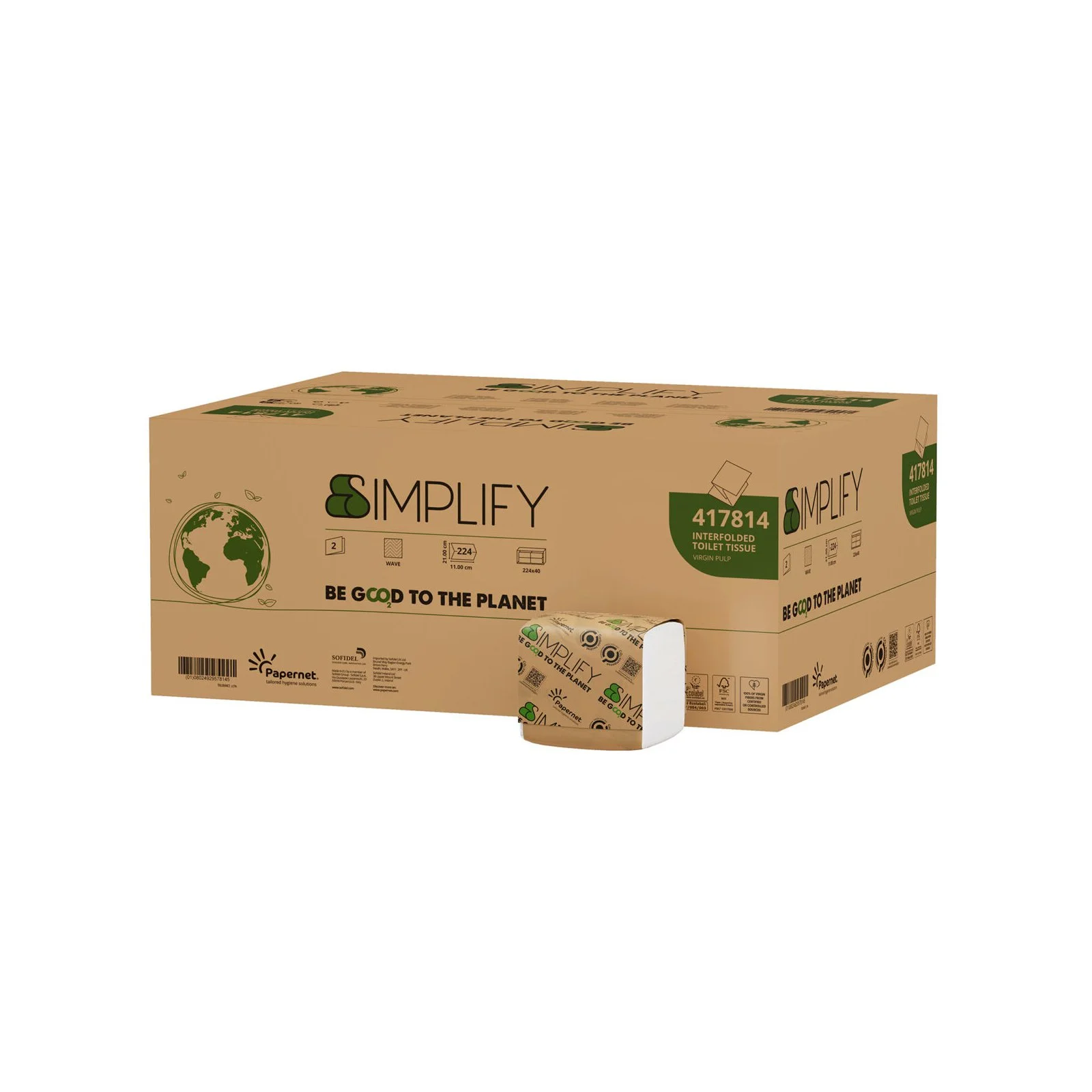 Тоалетна хартия Papernet Simplify, на пачка, двупластова, 21 х 11 cm, 224 къса, 40 броя