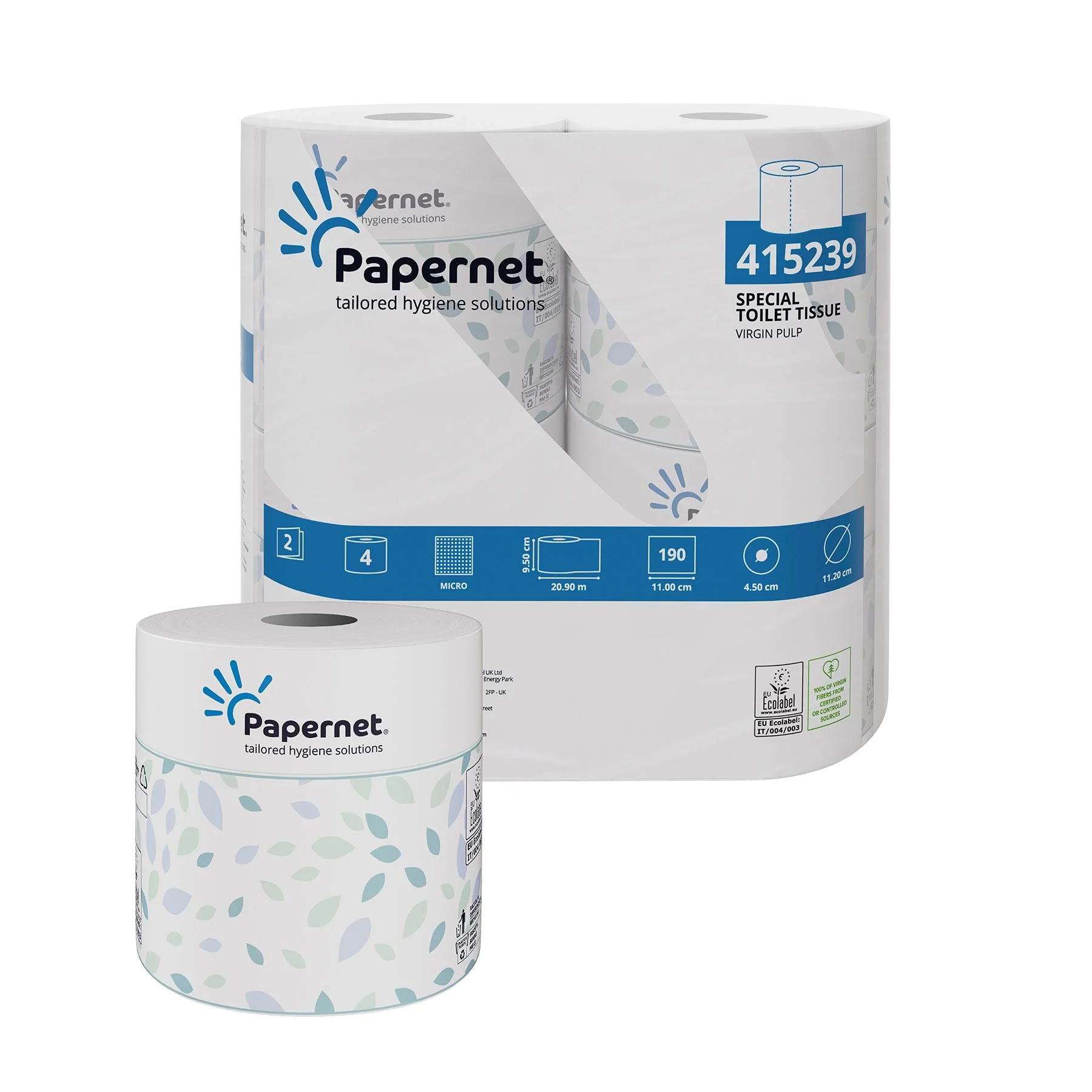 Тоалетна хартия Papernet, двупластова, целулозна, 190 къса, 20.9 m, 4 броя