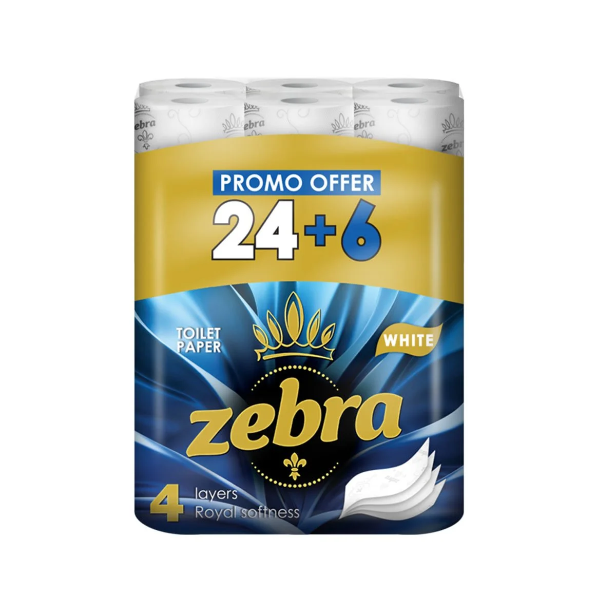 Тоалетна хартия Zebra White, четирипластова, 130 къса, 24+6 броя