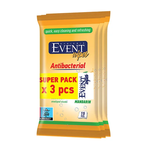 Мокри кърпи Мандарина Event, антибактериални, 3 x 15 броя
