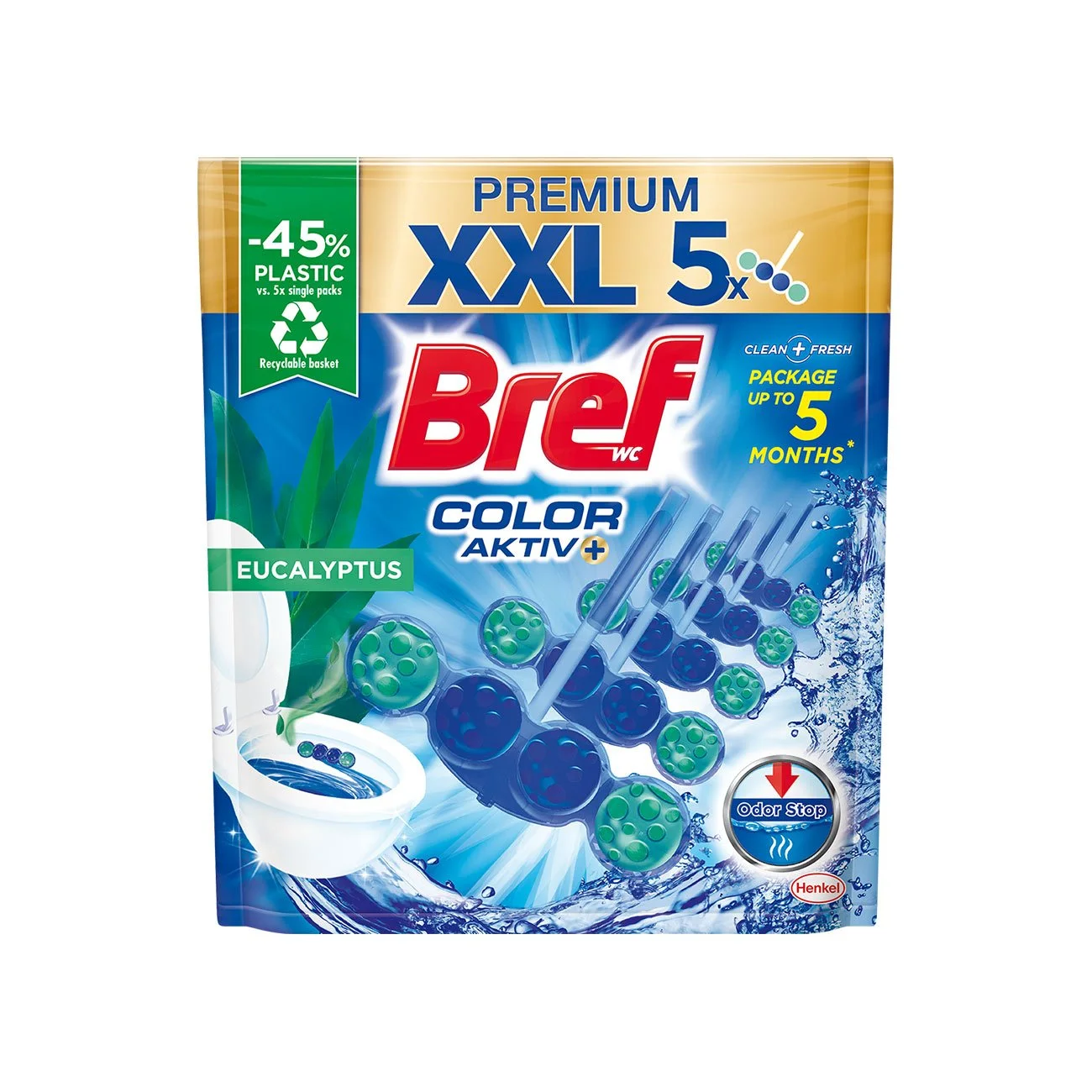 Ароматизатор за тоалетна Bref Color Aktiv Premium, евкалипт, 5 х 50 g