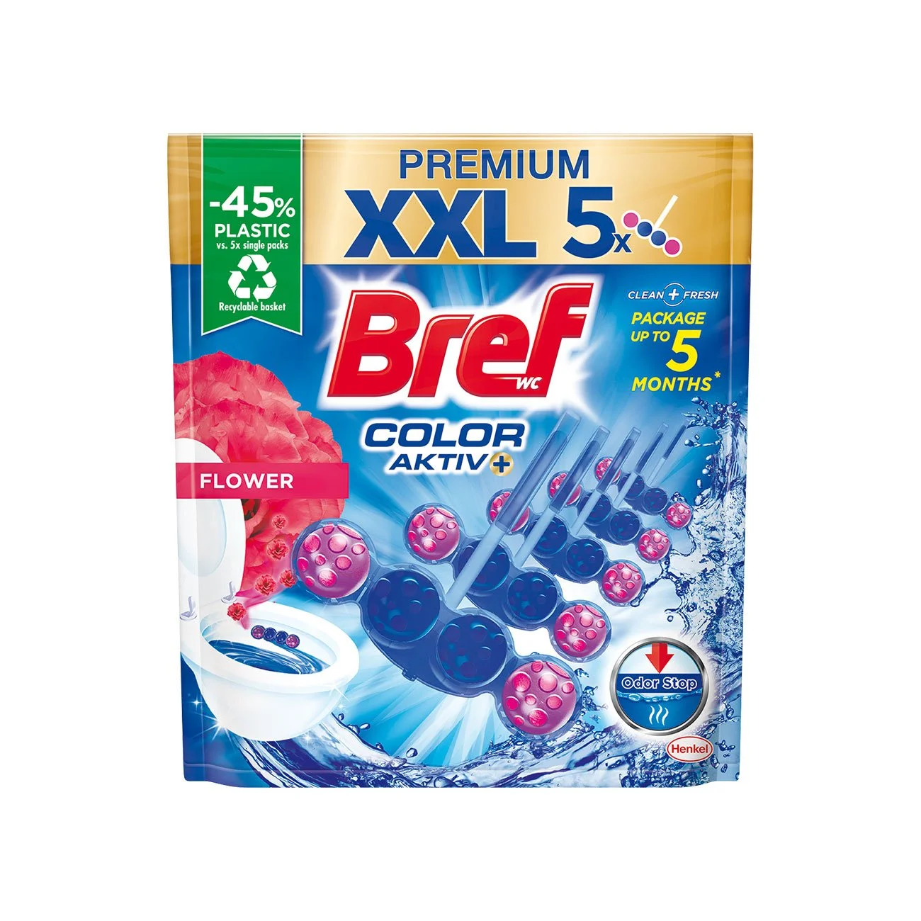 Ароматизатор за тоалетна Bref Color Aktiv Premium, цветя, 5 х 50 g