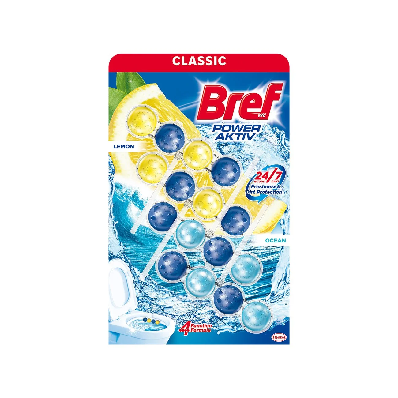 Ароматизатор за тоалетна Bref Power Aktiv, лимон и океан, 4 х 50 g