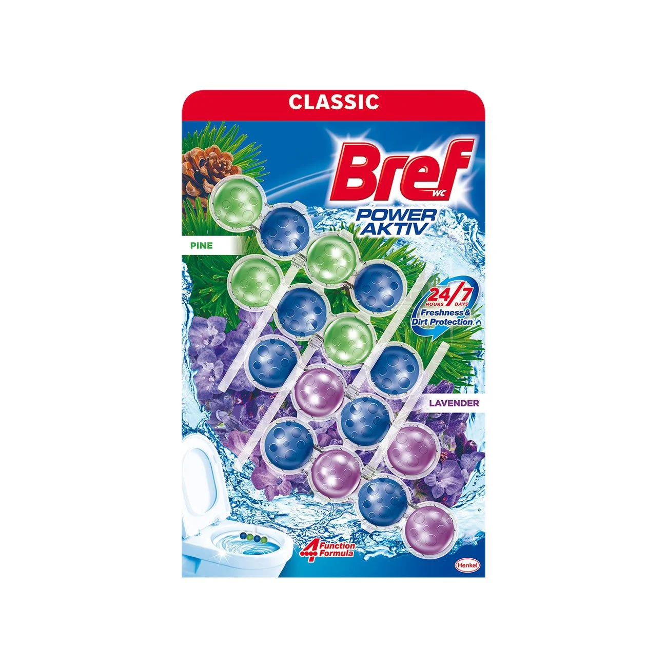 Ароматизатор за тоалетна Bref Power Aktiv, лавандула, 4 х 50 g