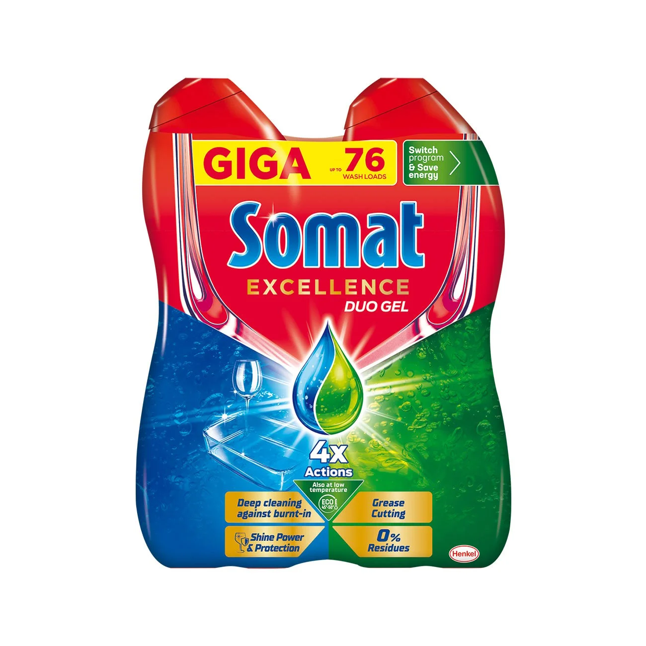 Препарат за съдомиялна машина Somat Excellence Duo, гел, 0.684 L, за 76 измивания, 2 броя