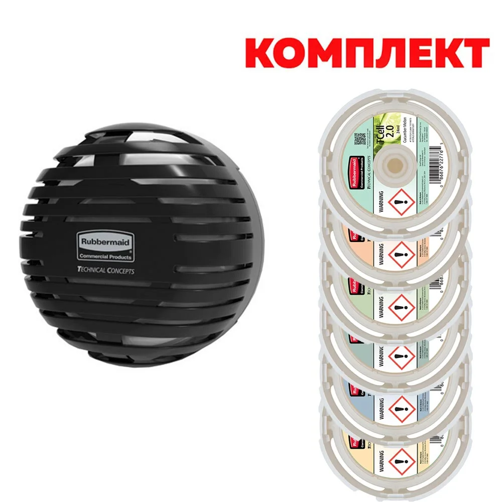 Диспенсър за ароматизатор Rubbermaid TCell 2.0, черен, с включени 6 пълнителя асорти