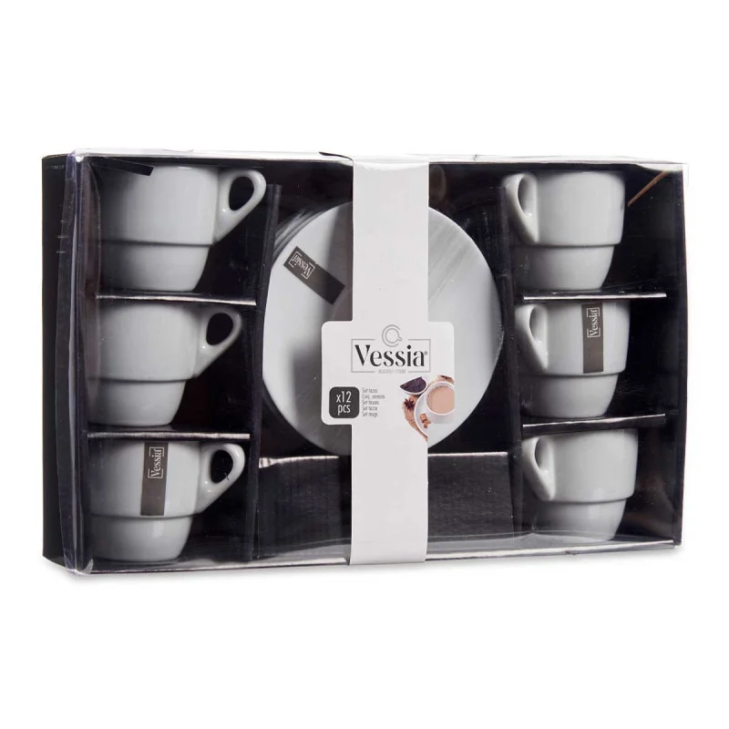 Чаша за кафе Vessia, с чиния, порцеланова, 200 ml, бяла, 6 броя