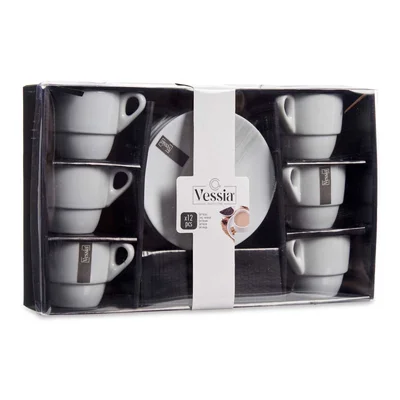 Чаша за кафе Vessia, с чиния, порцеланова, 200 ml, бяла, 6 броя