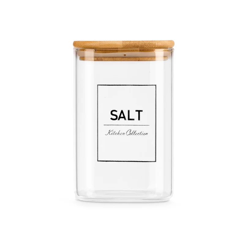 Буркан Vivalto, боросиликатно стъкло, с бамбуков капак, надпис сол, 1.2 L