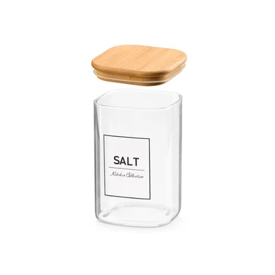 Буркан Vivalto, боросиликатно стъкло, с бамбуков капак, надпис сол, 1.2 L