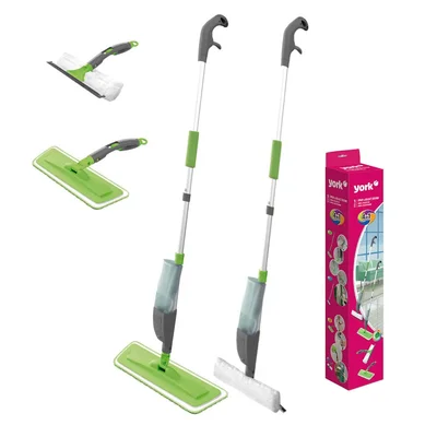 Комплект за почистване York Spray & Collect, включващ спрей моп, стъклочистачка, къса и дълга дръжка