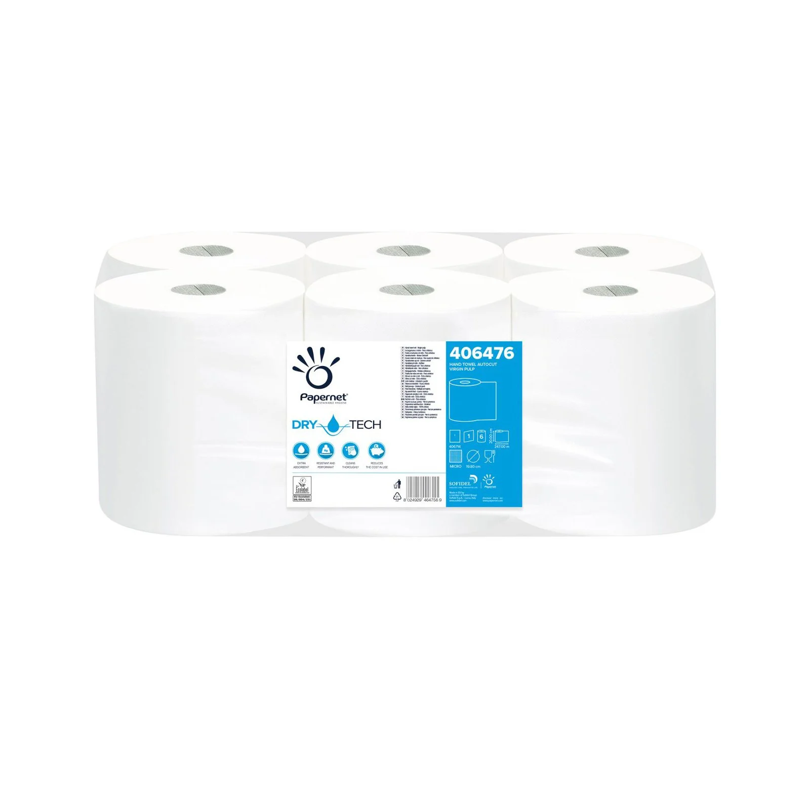 Кърпи за ръце Papernet Dry Tech, на ролка, еднопластови, 247 m, 6 броя