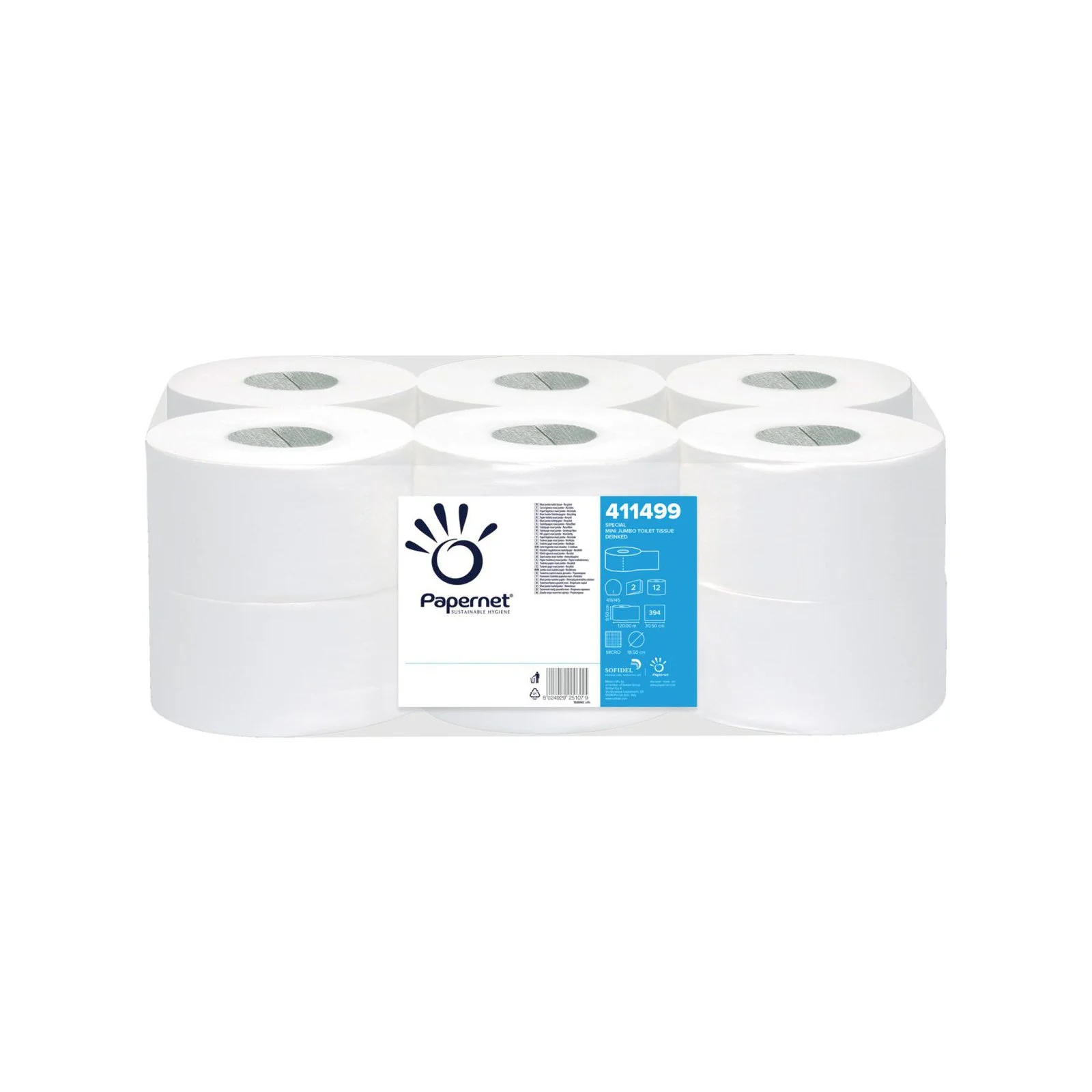 Тоалетна хартия Papernet Mini Jumbo, двупластова, избелена, 400 g, 12 броя, 394 къса