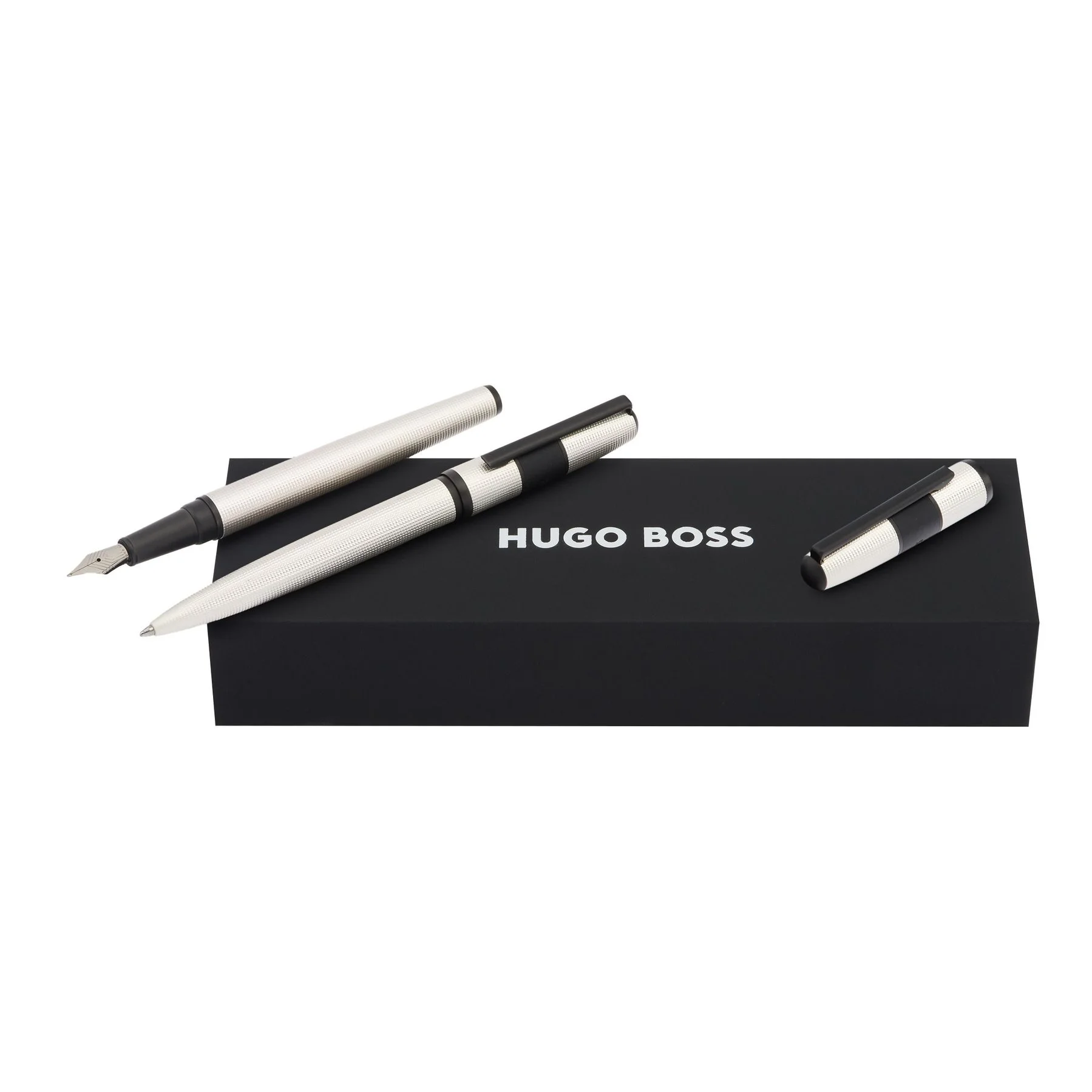 Hugo Boss Комплект писалка и химикалка Grid Pearl, в кутия, бяло-черни