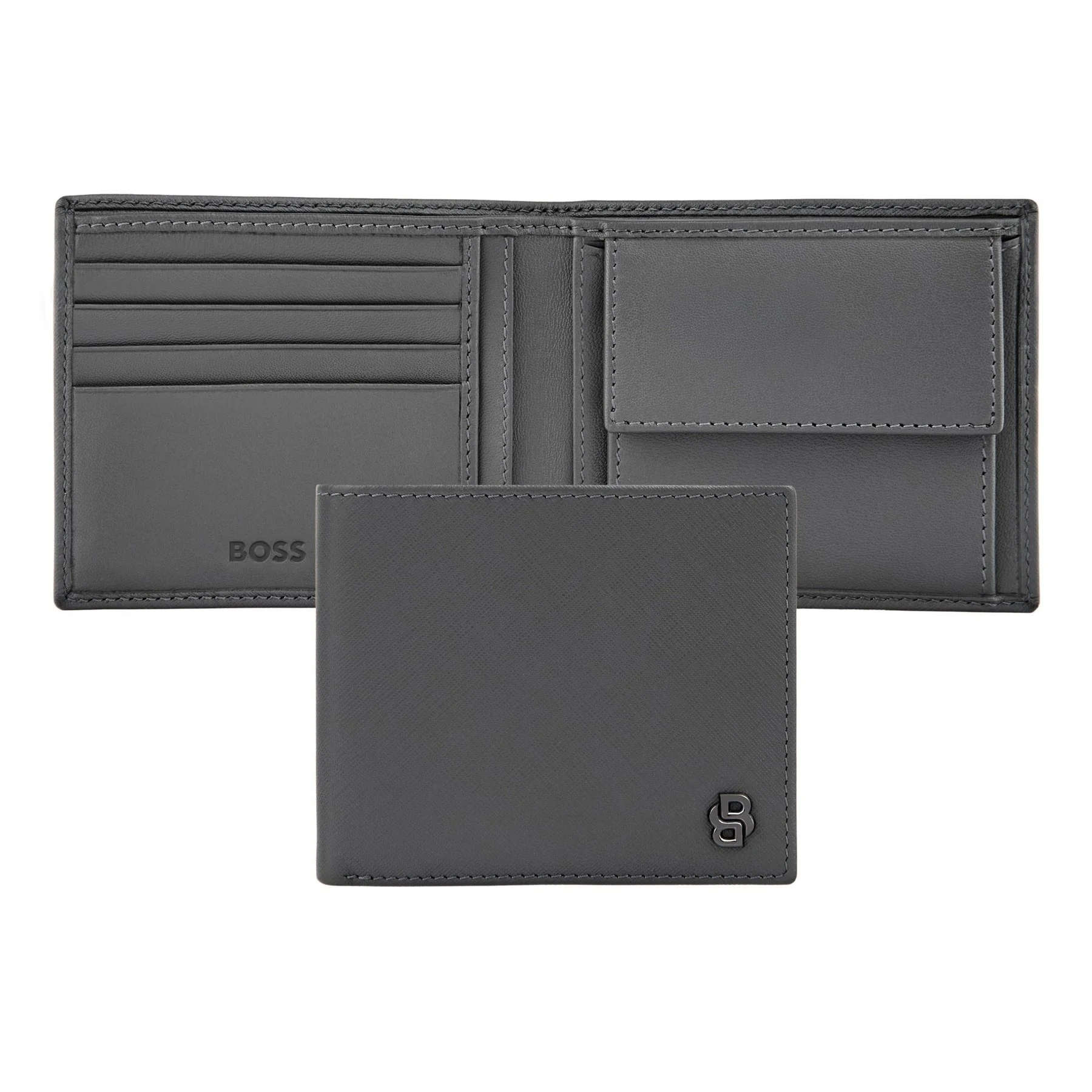 Hugo Boss Портфейл Saffiano Double B, с отделение за монети, сив