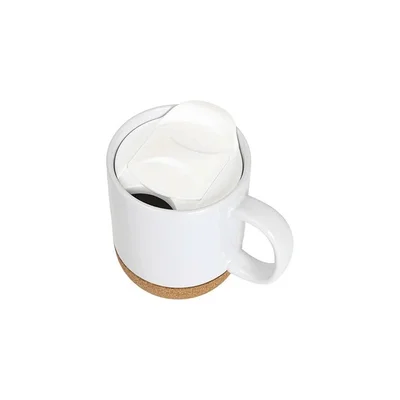 BESTSUB Чаша, керамична, с корково дъно и капак, 420 ml, бяла