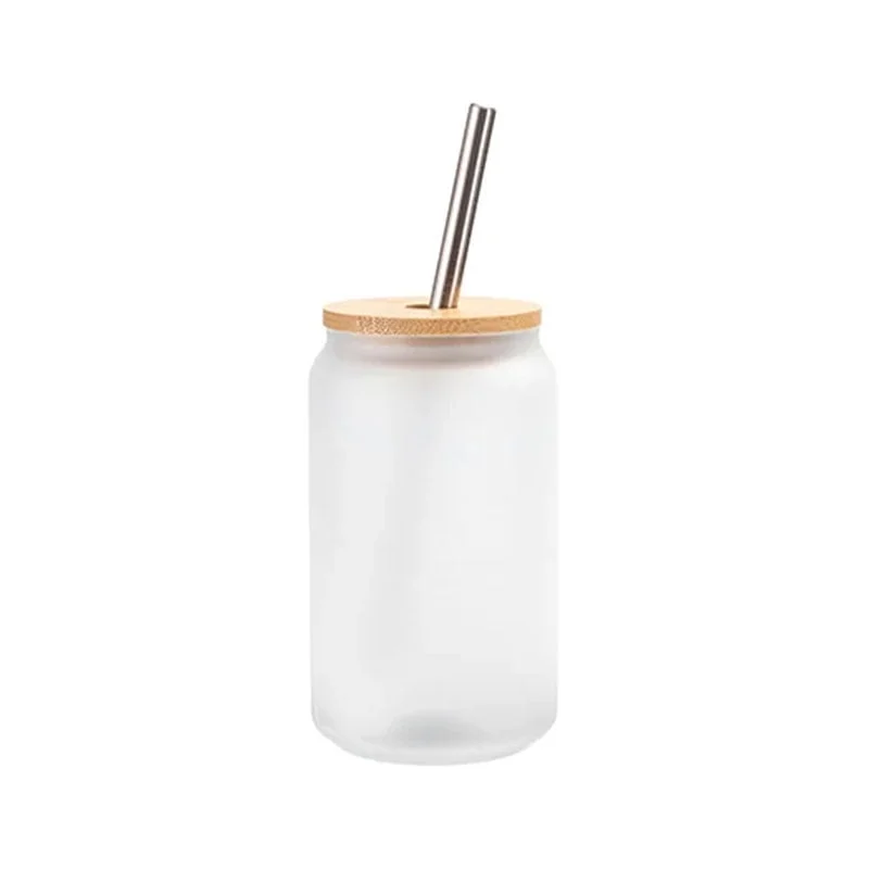 BESTSUB Чаша Frost, стъклена, с бамбуков капак и сламка, 400 ml
