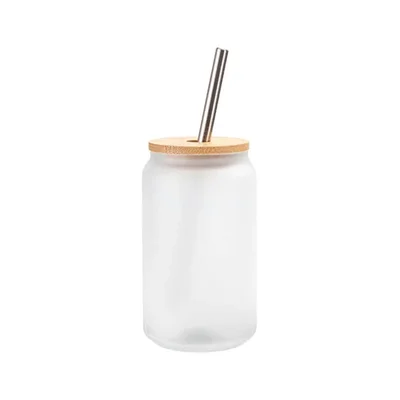 BESTSUB Чаша Frost, стъклена, с бамбуков капак и сламка, 400 ml