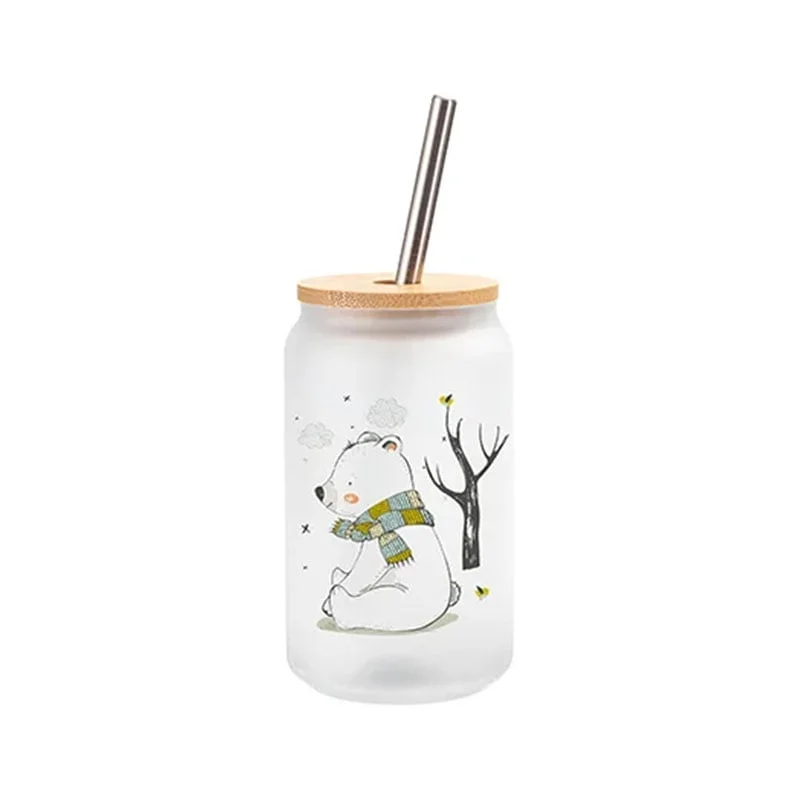 BESTSUB Чаша Frost, стъклена, с бамбуков капак и сламка, 400 ml