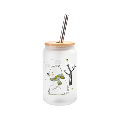 BESTSUB Чаша Frost, стъклена, с бамбуков капак и сламка, 400 ml