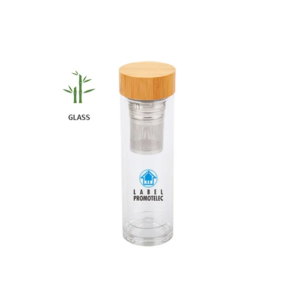 Office 1 Бутилка Zen, двустенна, стъклена, с цедка и бамбуков капак, 450 ml