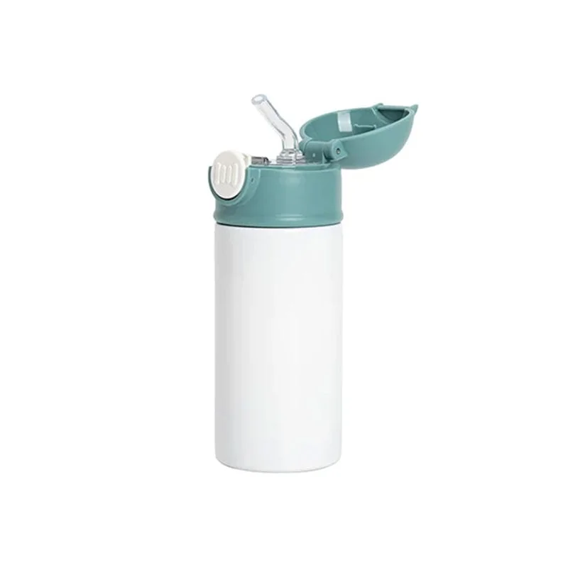 BESTSUB Бутилка, детска, с капак и сламка, 360 ml, бяло-зелена