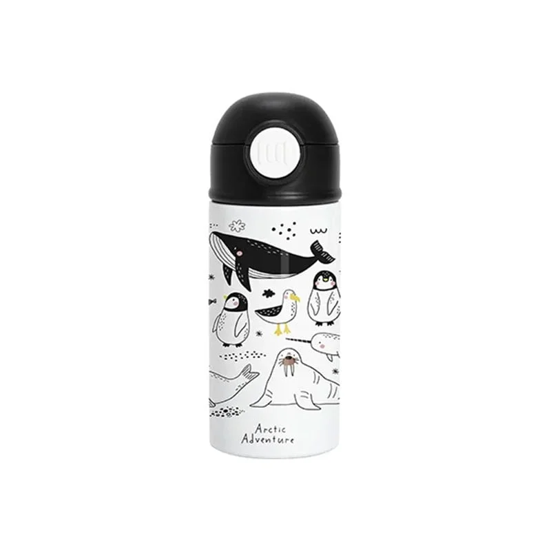 BESTSUB Бутилка, детска, с капак и сламка, 360 ml, бяло-черна