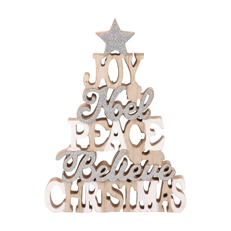 Елха за декорация Festa, с пожелания, дървена, 24 cm, бежова