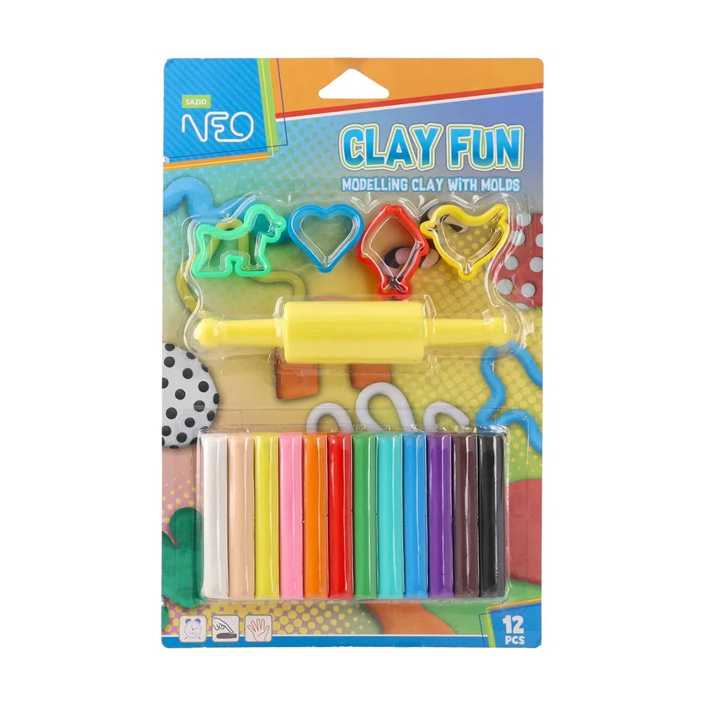 Пластилин Sazio Clay Fun, с формички, 180 g, 12 цвята