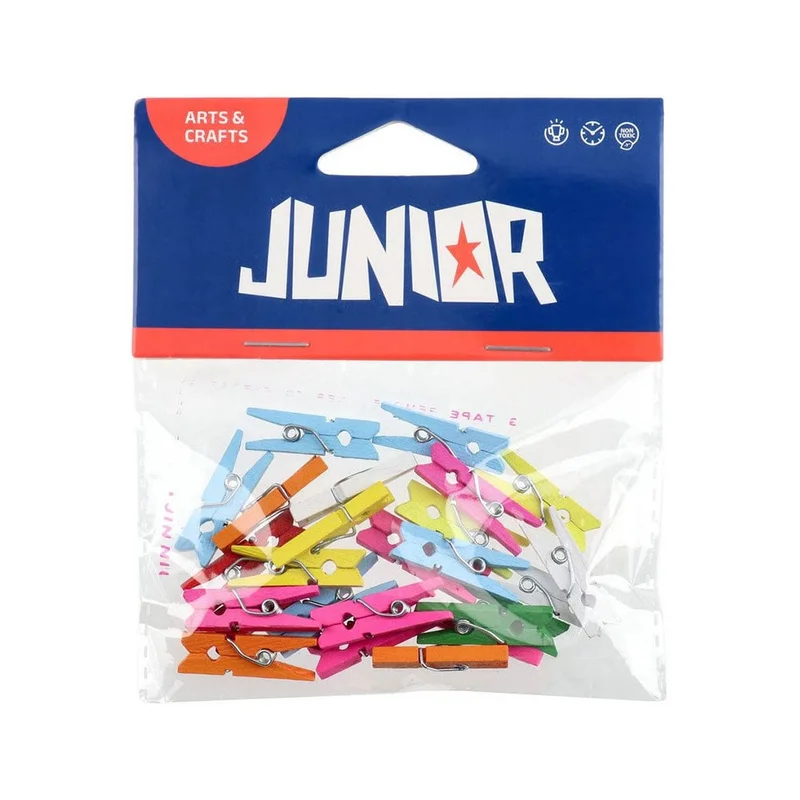 Щипки Junior, дървени, цветни, 25 х 8 mm, 25 броя