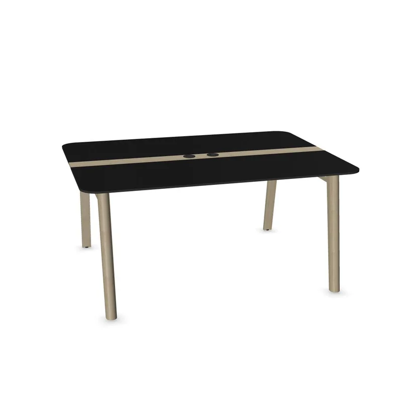 Заседателна маса Narbutas Nova Wood, 1600 x 1200 x 740 mm, правоъгълен плот, MDF 26 mm, HPL черен плот, бял метал, дървени крака